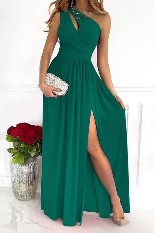 Elegante vestido largo de fiesta con diseño asimétrico de un hombro