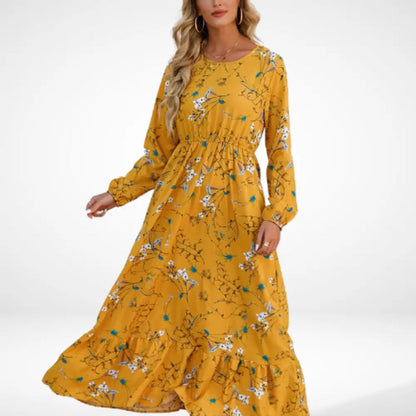 Vestido largo suelto con estampado floral y mangas largas