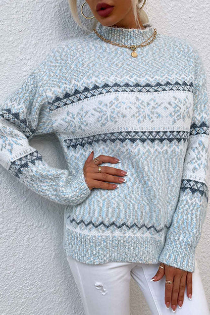 Elegante jersey con motivo de copo de nieve y cuello en contraste