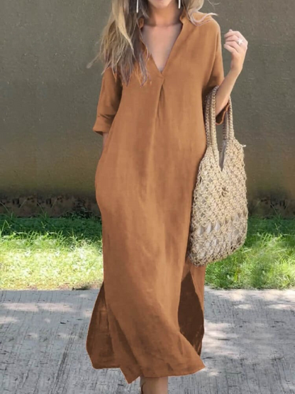 Elegante maxi vestido con escote en V y silueta holgada