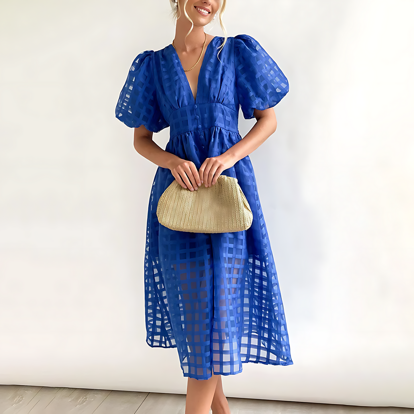Elegante vestido midi de verano con mangas cortas abullonadas