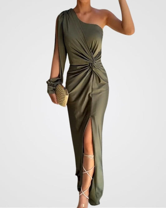 Elegante vestido de cóctel asimétrico con una manga para mujer