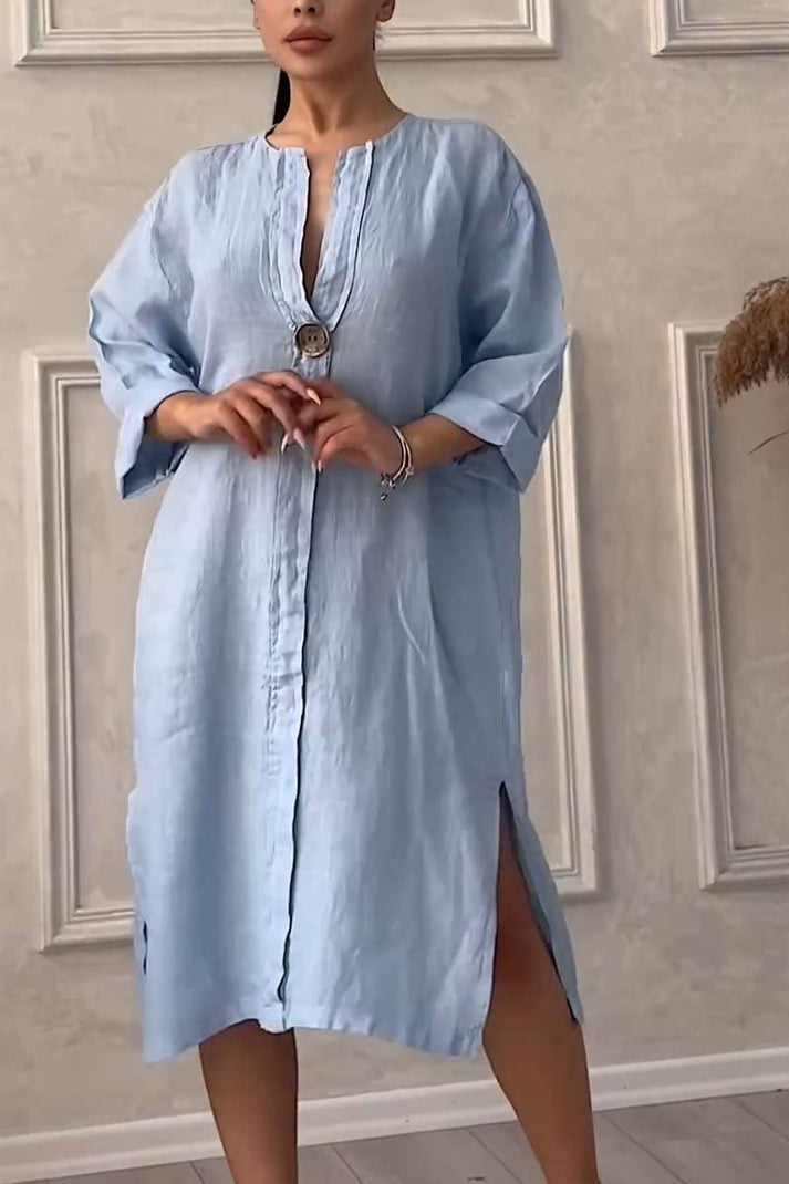 vestido casual de algodón y lino con cierre de botón