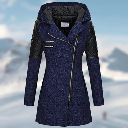 Abrigo de invierno aislante con capucha, cremallera y detalles de piel