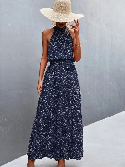 vestido mono más vendido con tirantes y cuello halter con estampado de lunares ondulados
