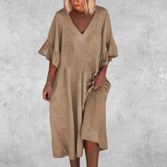 Vestido liso con mangas con volantes