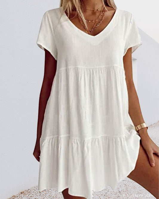 Summer Breeze: Vestido relajado de mezcla de algodón con mangas cortas y volantes