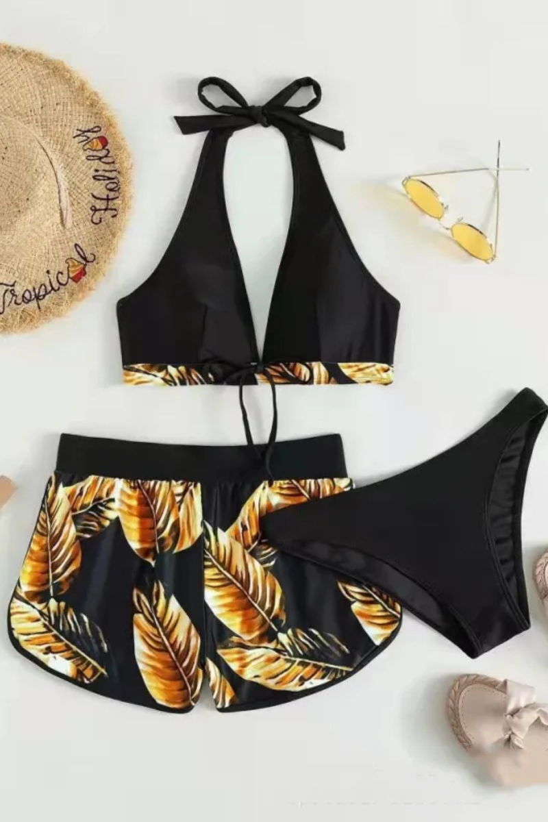 Ava | Conjunto de bikini de 3 piezas con estampado de hojas para mujer