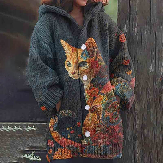 Heidi Fashion | Retro Pet Print Sudadera Gruesa Con Capucha Y Mangas Largas Cardigan