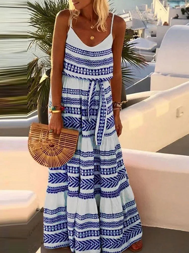 Vestido de playa bohemio con cuello en V y estampado lencero