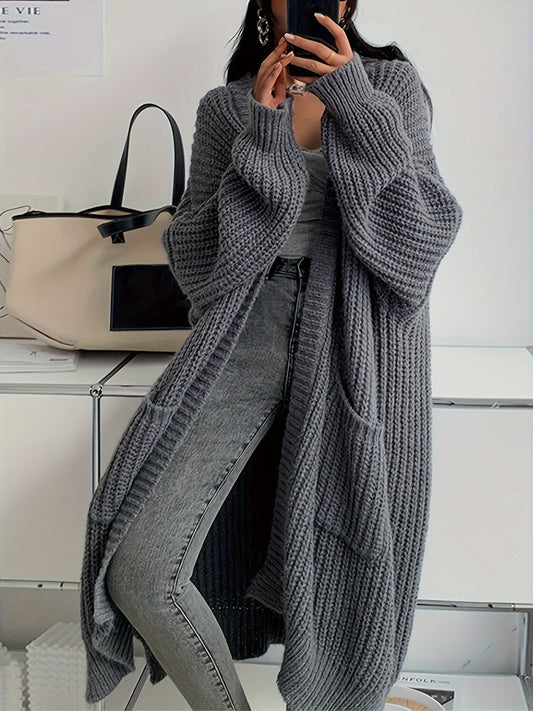 Chaqueta casual larga de lana con bolsillos cosidos para mujer | Perfecta para el día a día