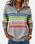 Damska Bluza Pullover W Paski Z Zamkiem Pod Szyją