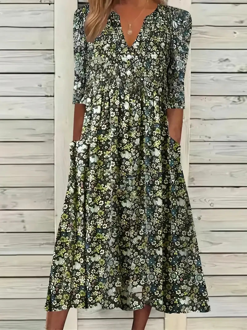 Blossom Ditsy Vestido estampado floral con cuello en V y bolsillos