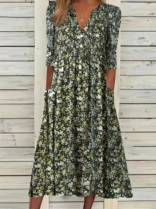 Blossom Ditsy Vestido estampado floral con cuello en V y bolsillos