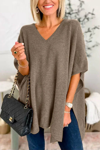 Jessica | Jersey poncho liso con cuello en V, elegante corte holgado