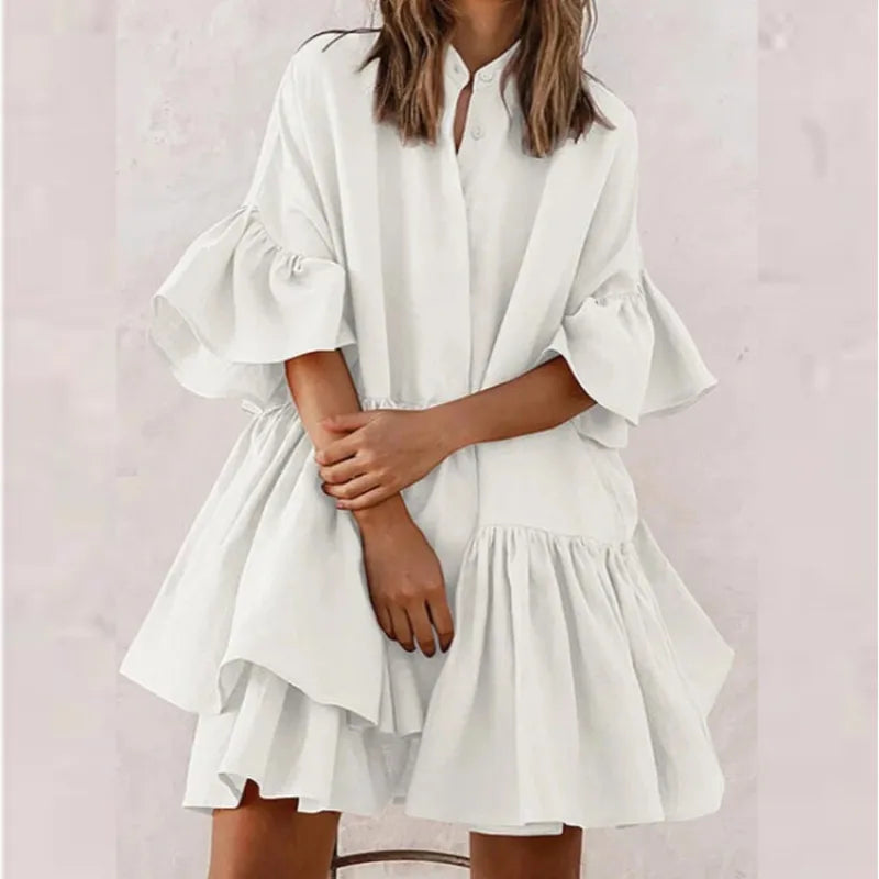 Vestidos monocromáticos casuales con cuello en V y falda pastel