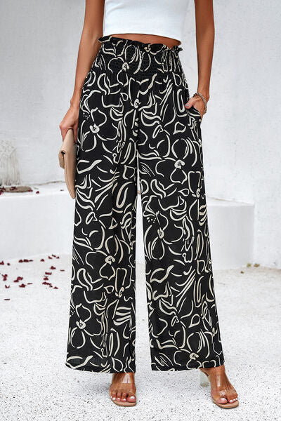 Pantalón ancho estampado con bata y bolsillos