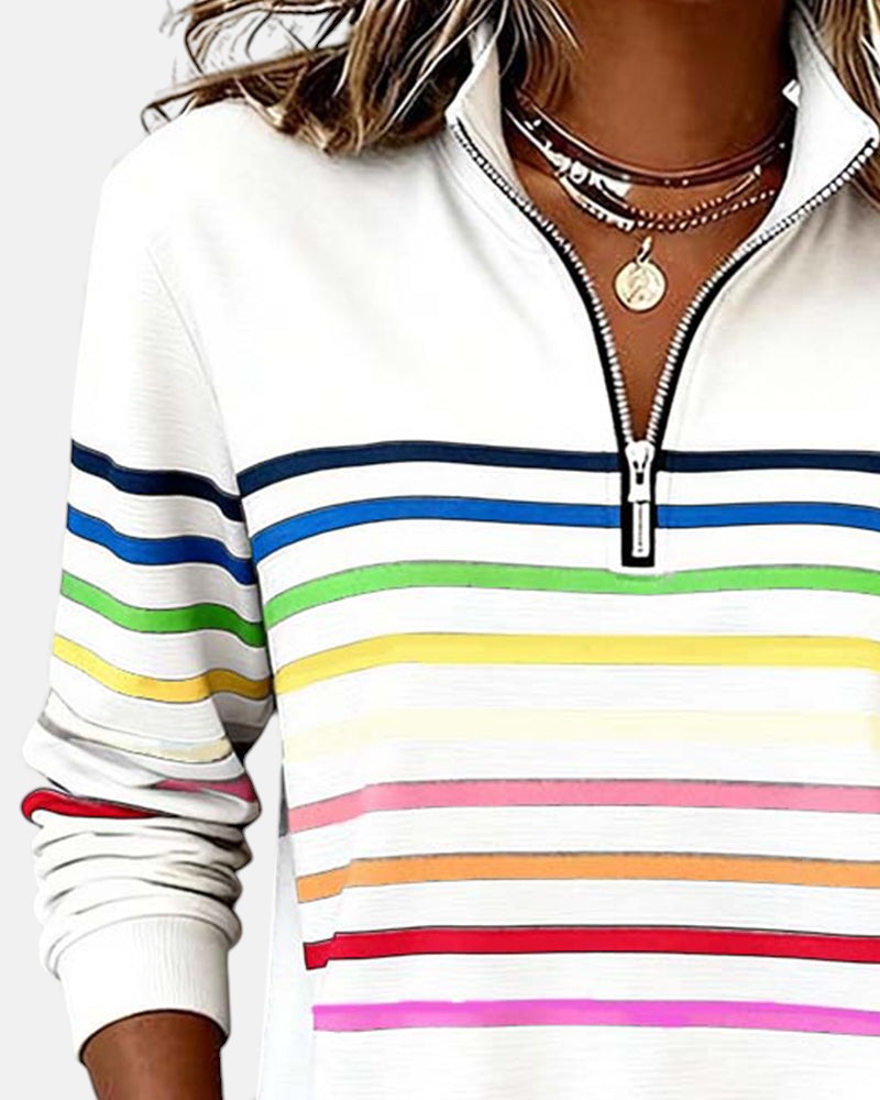 Damska Bluza Pullover W Paski Z Zamkiem Pod Szyją