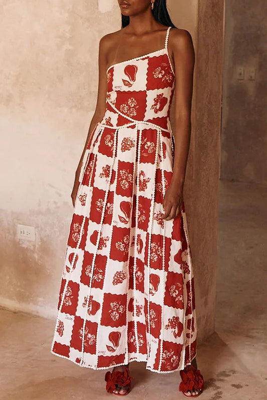Vestido largo con hombro acampanado y estampado único