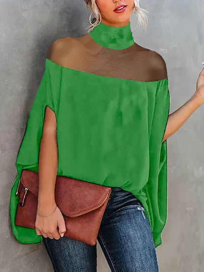Gwyneth - Blusas transparentes y camisas con cuello alto y mangas murciélago