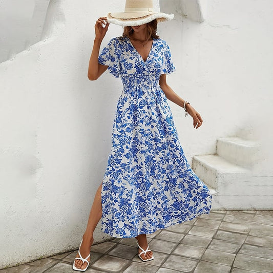 Vestido largo con escote en V floral y elegantes mangas cortas