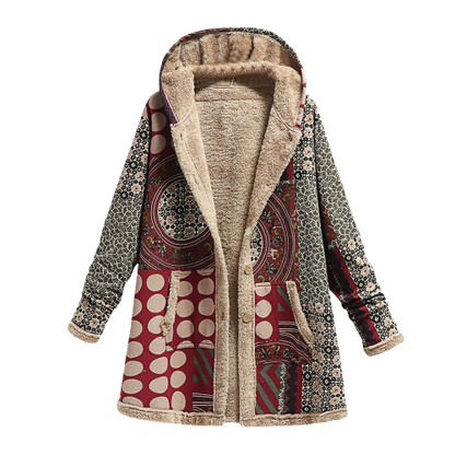 Lujosa, elegante y cálida chaqueta con capucha de patchwork de piel de oveja para mujer