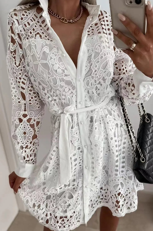 Mujeres vestido de fiesta con cuello en V mangas largas de encaje Festival Outfits