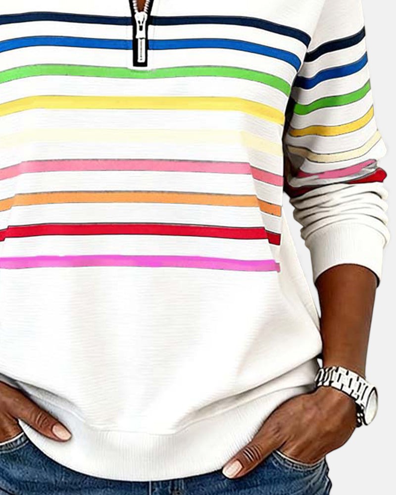 Damska Bluza Pullover W Paski Z Zamkiem Pod Szyją
