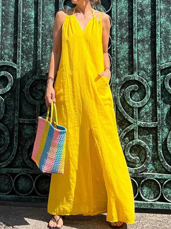 Vestido largo de mujer con bolsillo y escote en V