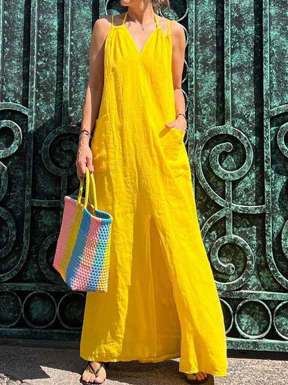 Vestido largo de mujer con bolsillo y escote en V
