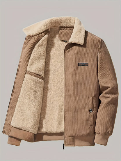 Chaqueta de invierno casual retro de pana polar con parche de etiqueta para hombre | Ideal para otoño/invierno