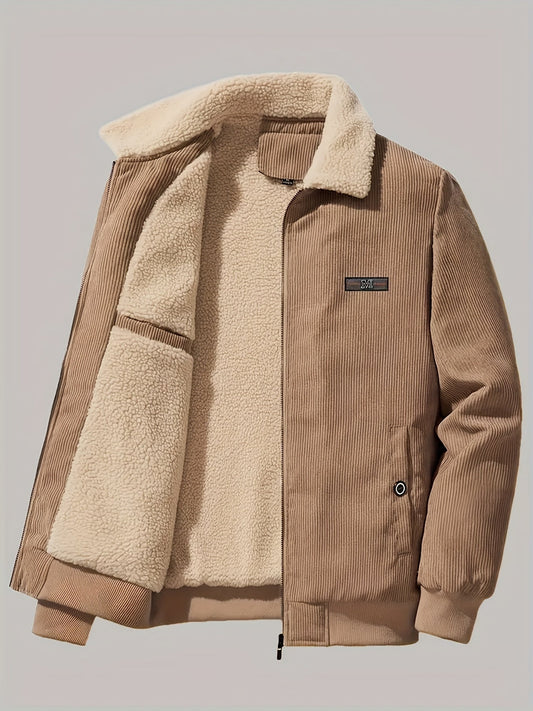 Chaqueta de invierno casual retro de pana polar con parche de etiqueta para hombre | Ideal para otoño/invierno