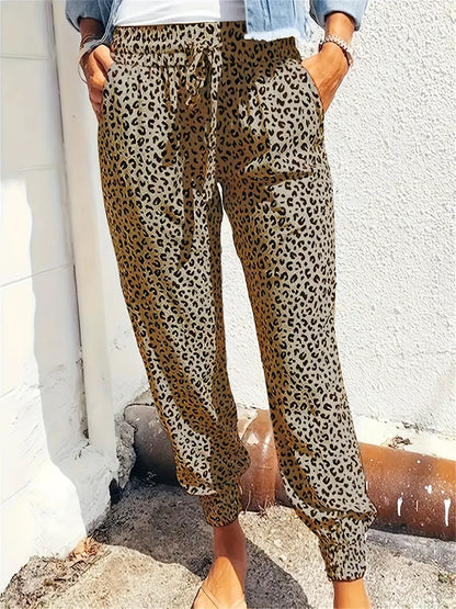 Pantalones de chándal casual con estampado de leopardo y dobladillo fijo