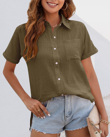 Lena - Blusa lisa con cierre de botones y mangas cortas