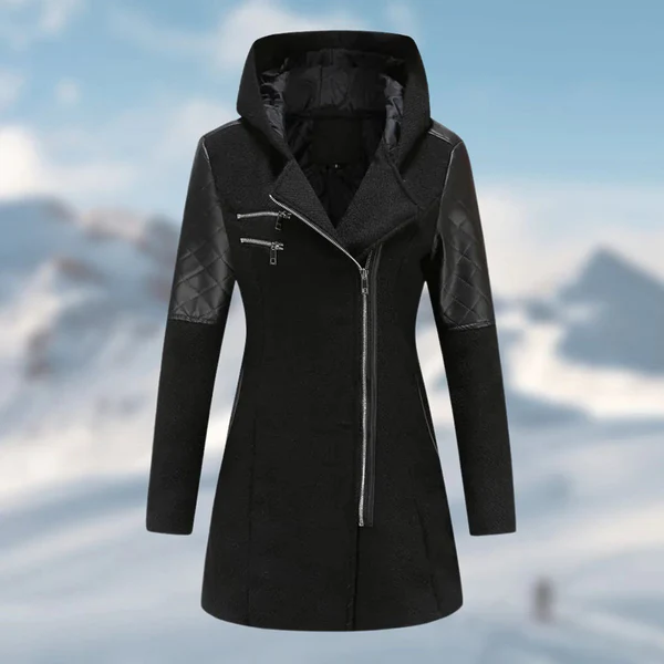 Abrigo de invierno aislante con capucha, cremallera y detalles de piel