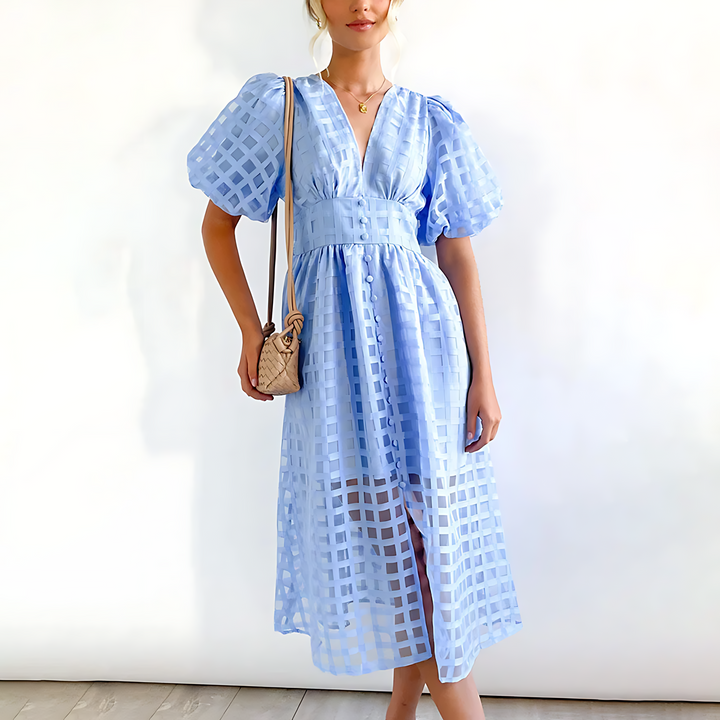 Elegante vestido midi de verano con mangas cortas abullonadas