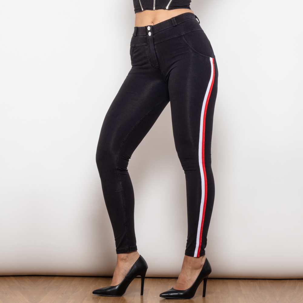 Vaqueros pitillo de rayas blancas y rojas para mujer
