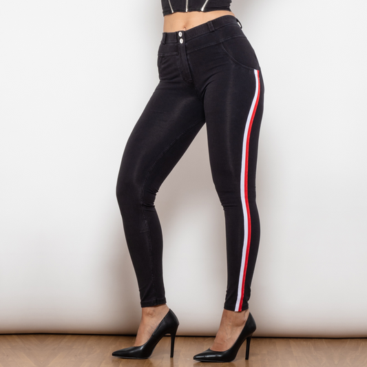 Vaqueros pitillo de rayas blancas y rojas para mujer