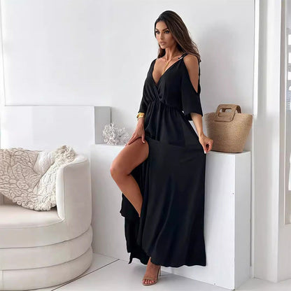 Elegante vestido largo con escote cruzado y abertura lateral fluida