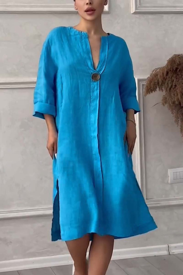 vestido casual de algodón y lino con cierre de botón