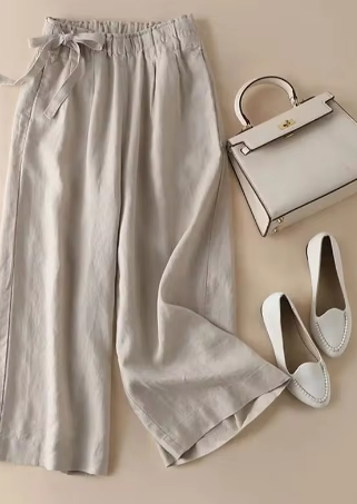 Pantalones de corte recto con lazo caqui y cintura alta elástica