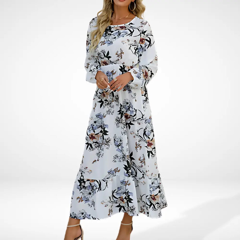 Vestido largo suelto con estampado floral y mangas largas