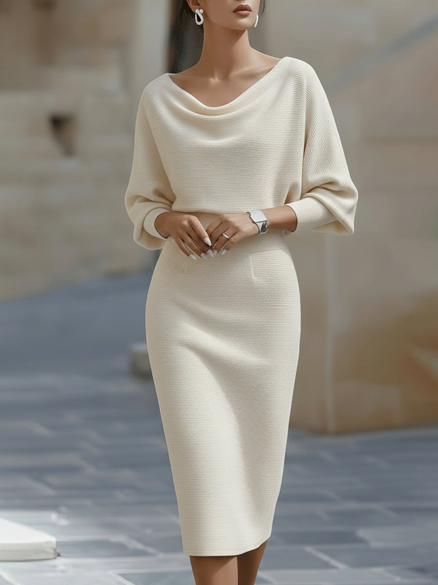 Damska Elegancka Dzianinowa Sukienka Midi z Rękawem Nietoperz