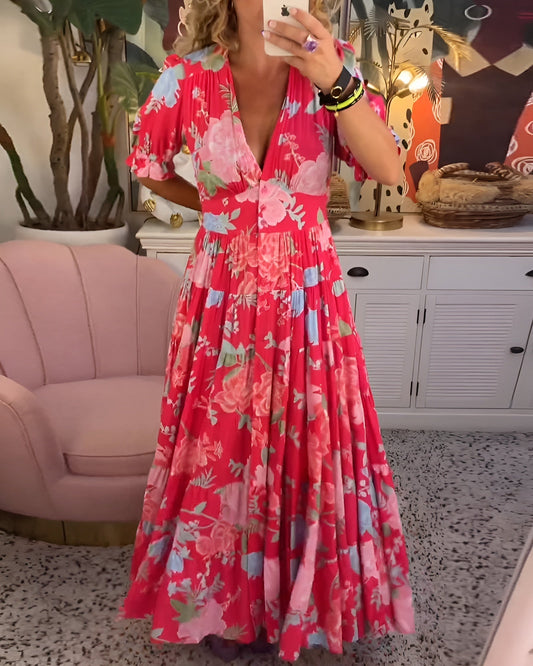 Vestido con bolsillo de cuello en V con estampado floral