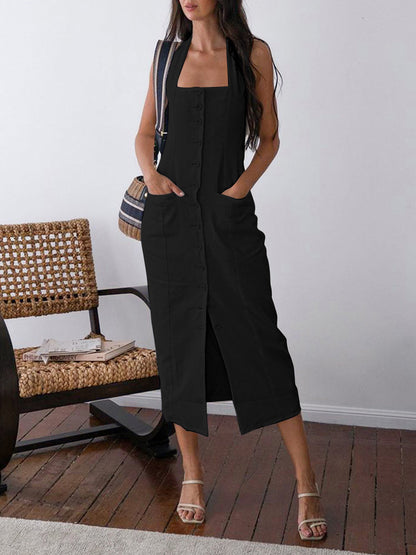 Vestido midi de algodón y lino con cuello halter abotonado y espalda abierta