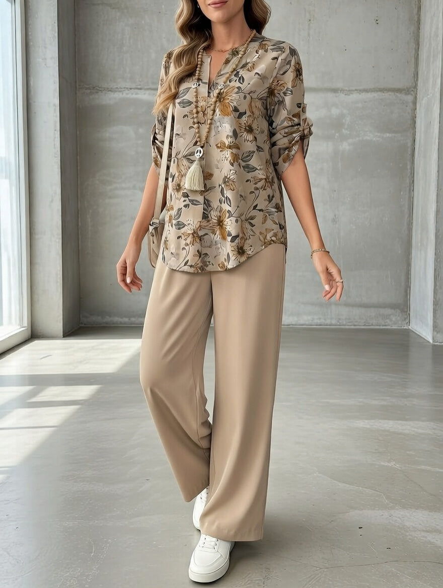 Damska bluzka w słońce i szerokie nogawki spodnie zestaw