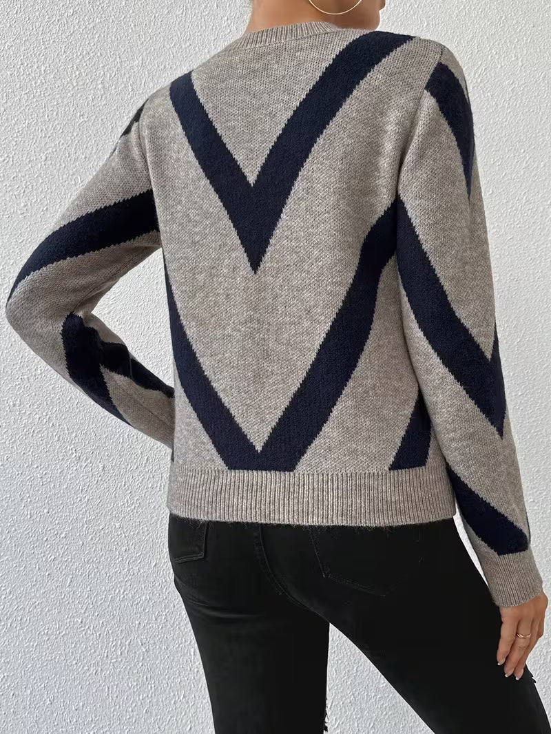 Sweter Damski ze Wzorem Chevron i Długim Rękawem