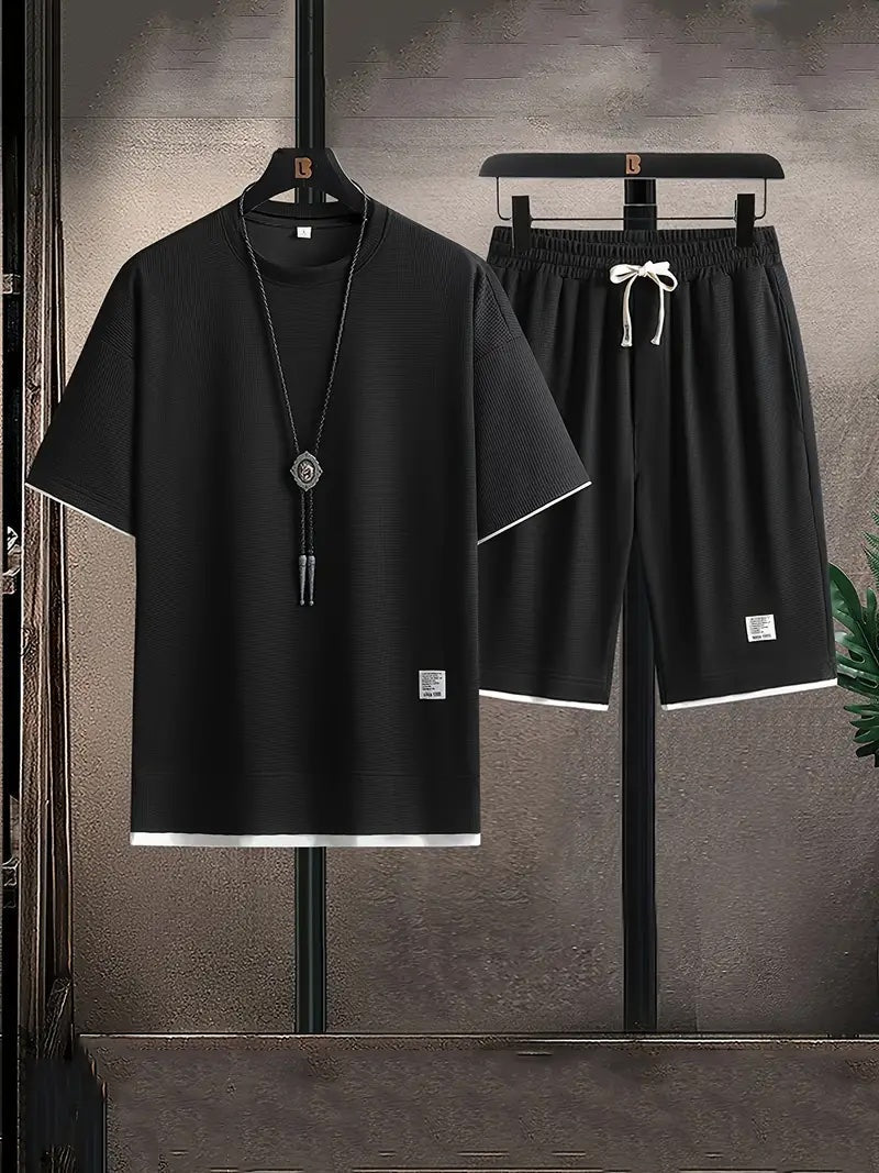 Męski Komplet T-Shirt i Szorty z Kontrastowym Wykończeniem