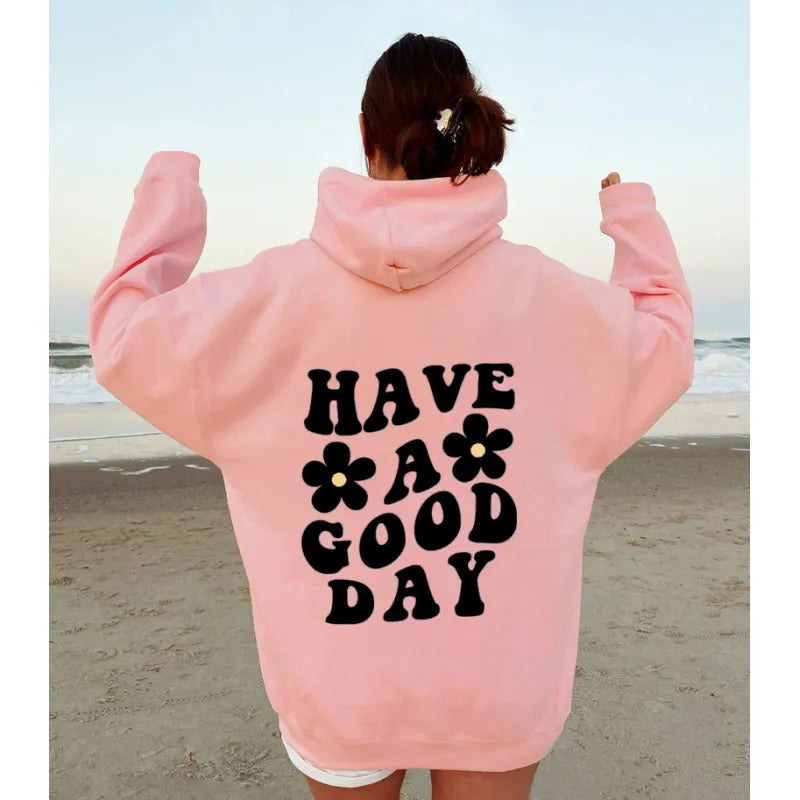 Heidi fashion | Sudadera oversize casual con capucha y estampado "Have A Good Day" y bolso perfecta para otoño/invierno