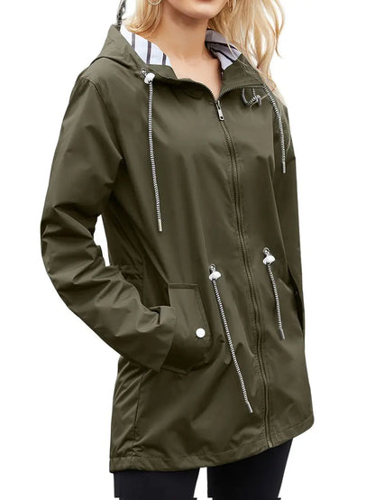 Chubasquero casual impermeable con capucha y manga larga, medio largo para mujer | perfecto para otoño/invierno